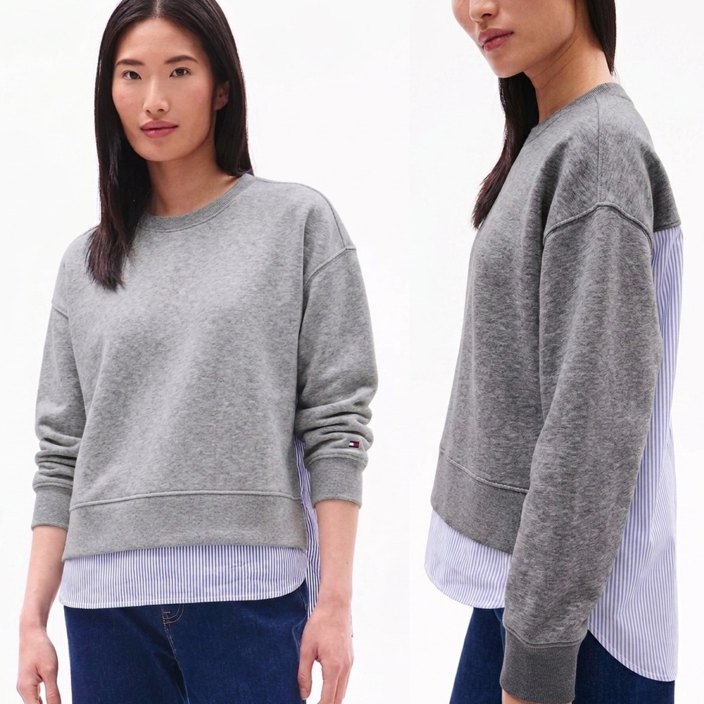 Tommy Hilfiger Womens Mixed Media Hybrid Sweatshirt Layered Size M Office Preppy